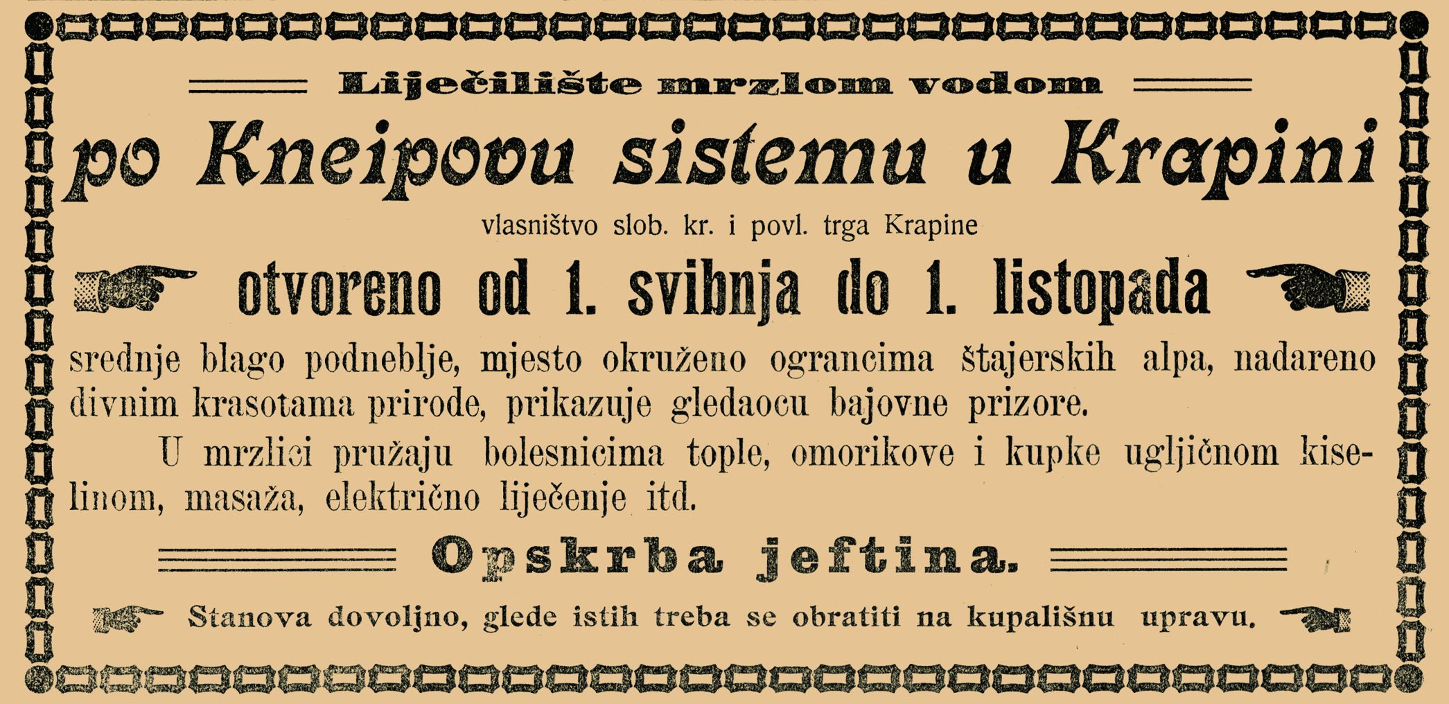 <p>oglas Lječili&scaron;ta, 1920-ih</p>