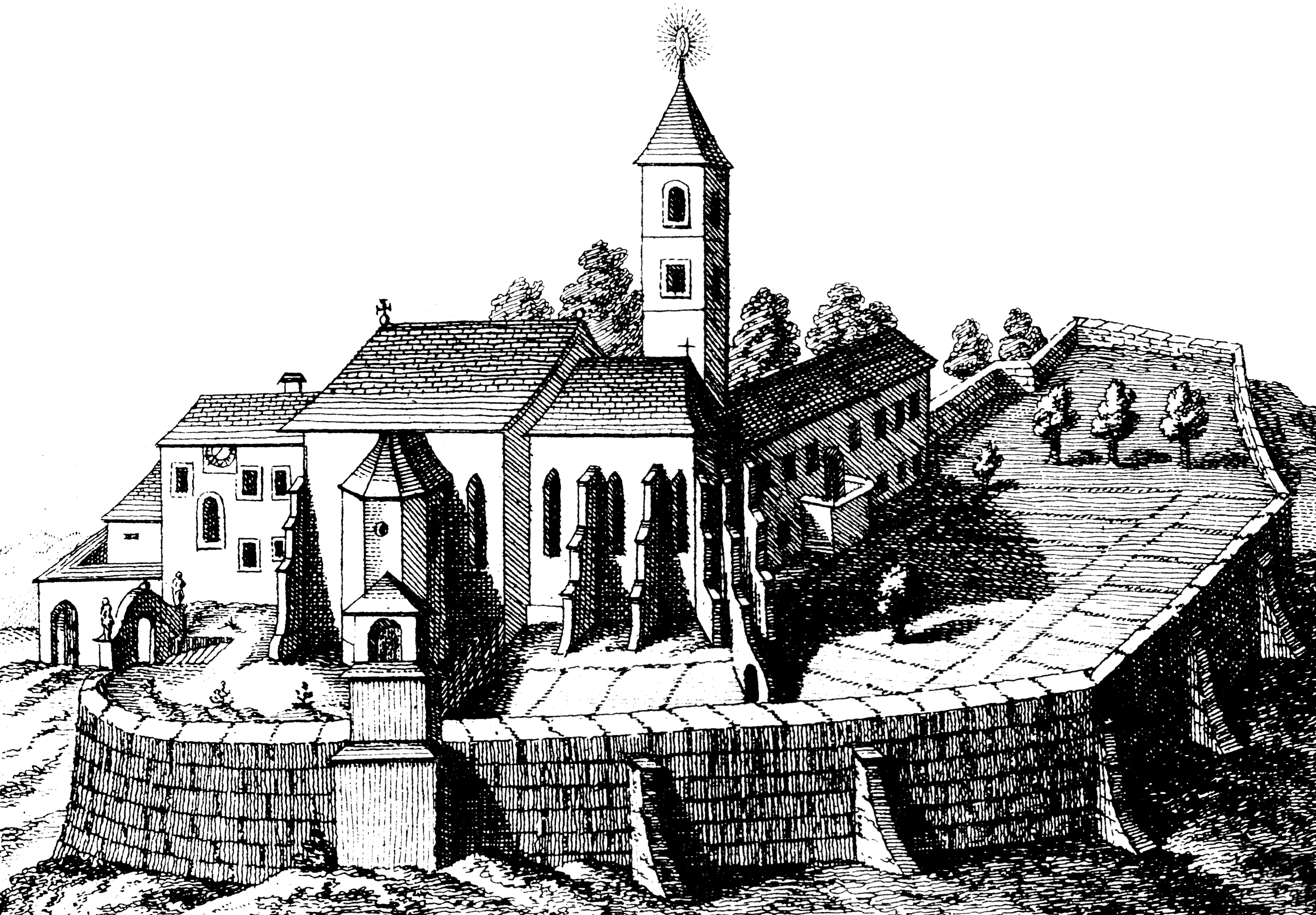 <p>župna crkva Blažene Djevice Marije Kraljice Svete krunice, grafika, Johan Veit Kamperz, XVIII. st.</p>