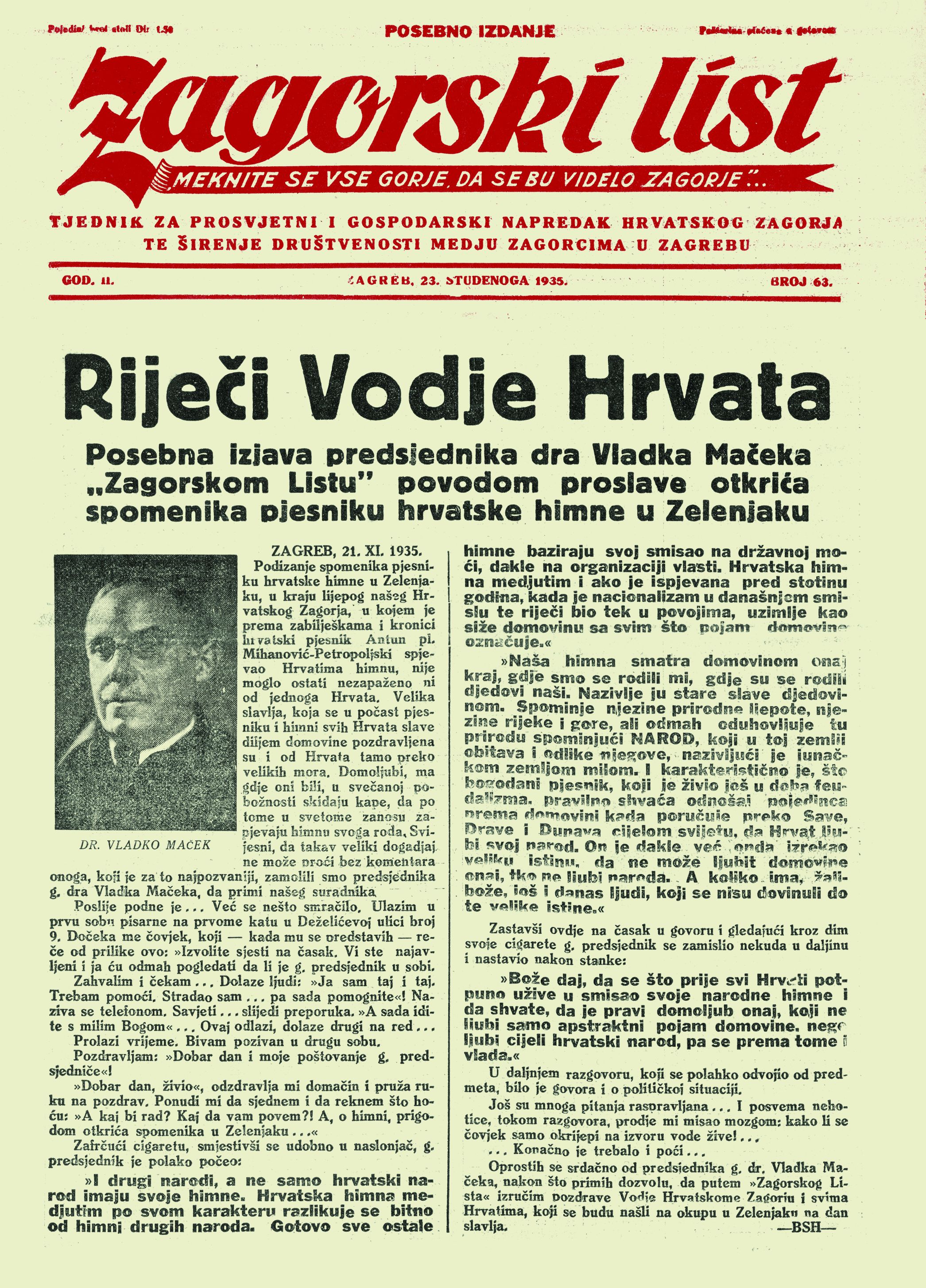 <p><em>Zagorski list,</em> Zagreb, 1935.</p>