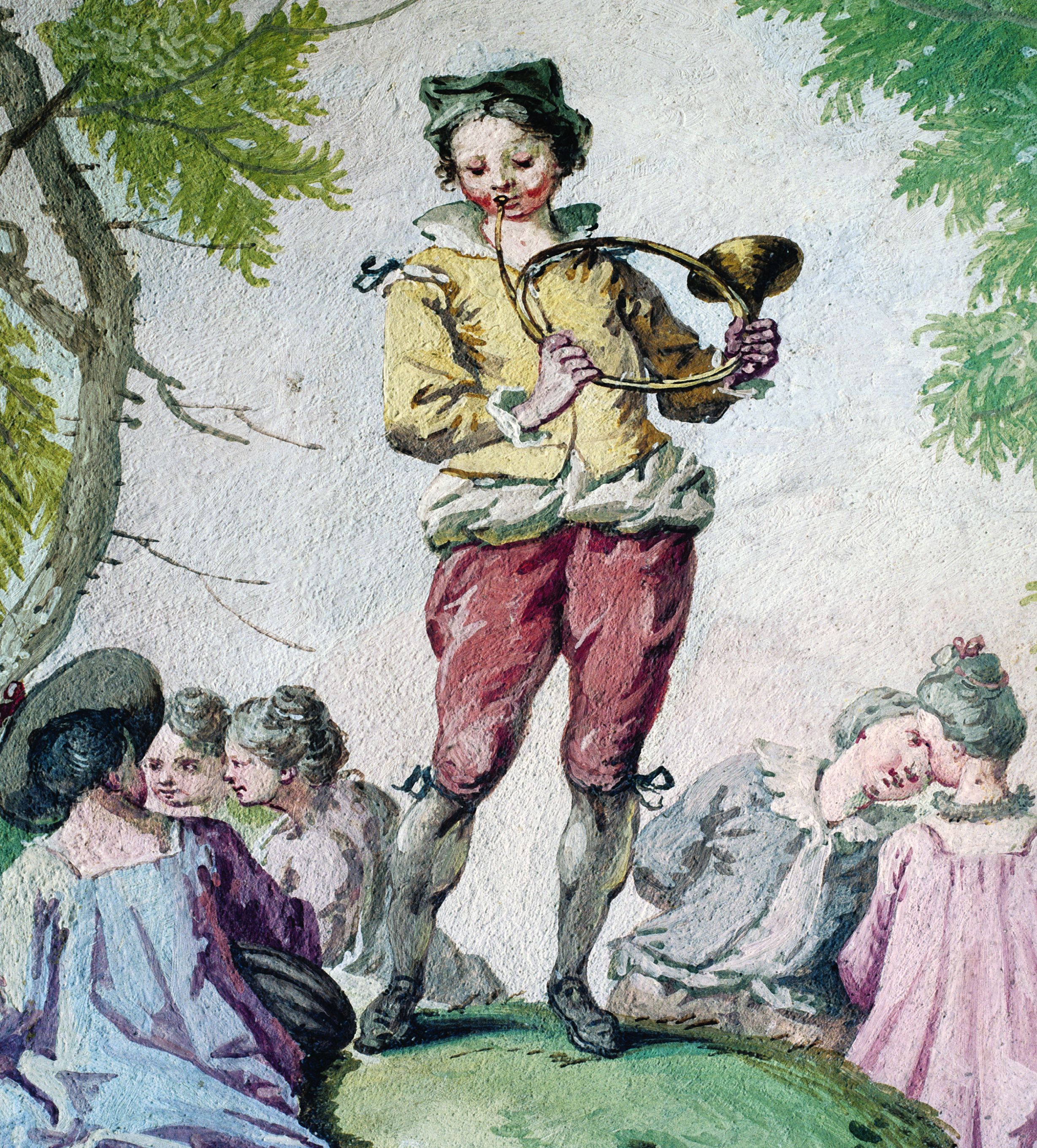 <p><em>Svirač lovačkoga roga,</em> detalj zidne slike, A. J. Lerchinger, 1763, dvorac Miljana</p>