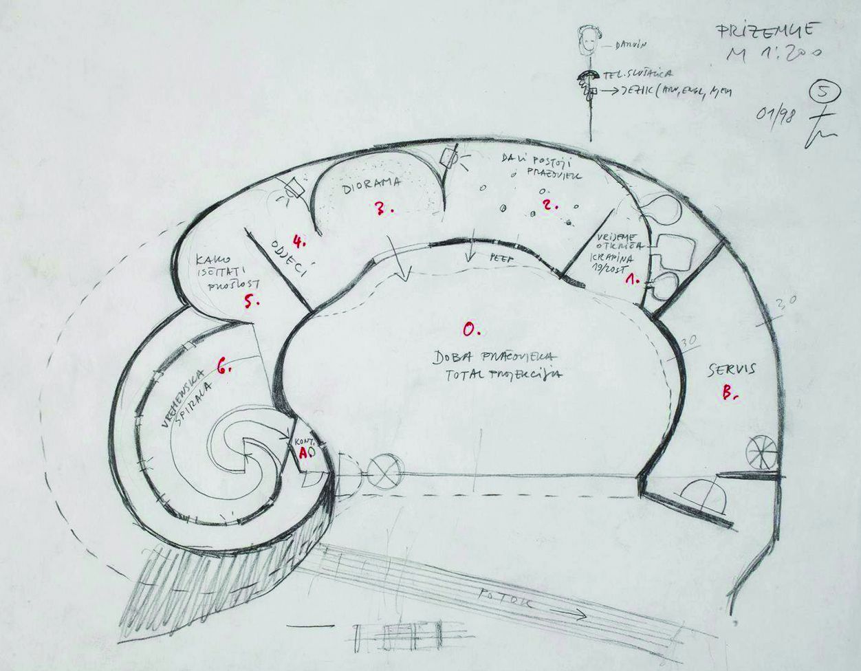 <p>skica tlocrta prizemlja, Željko Kovačić, 1998.</p>