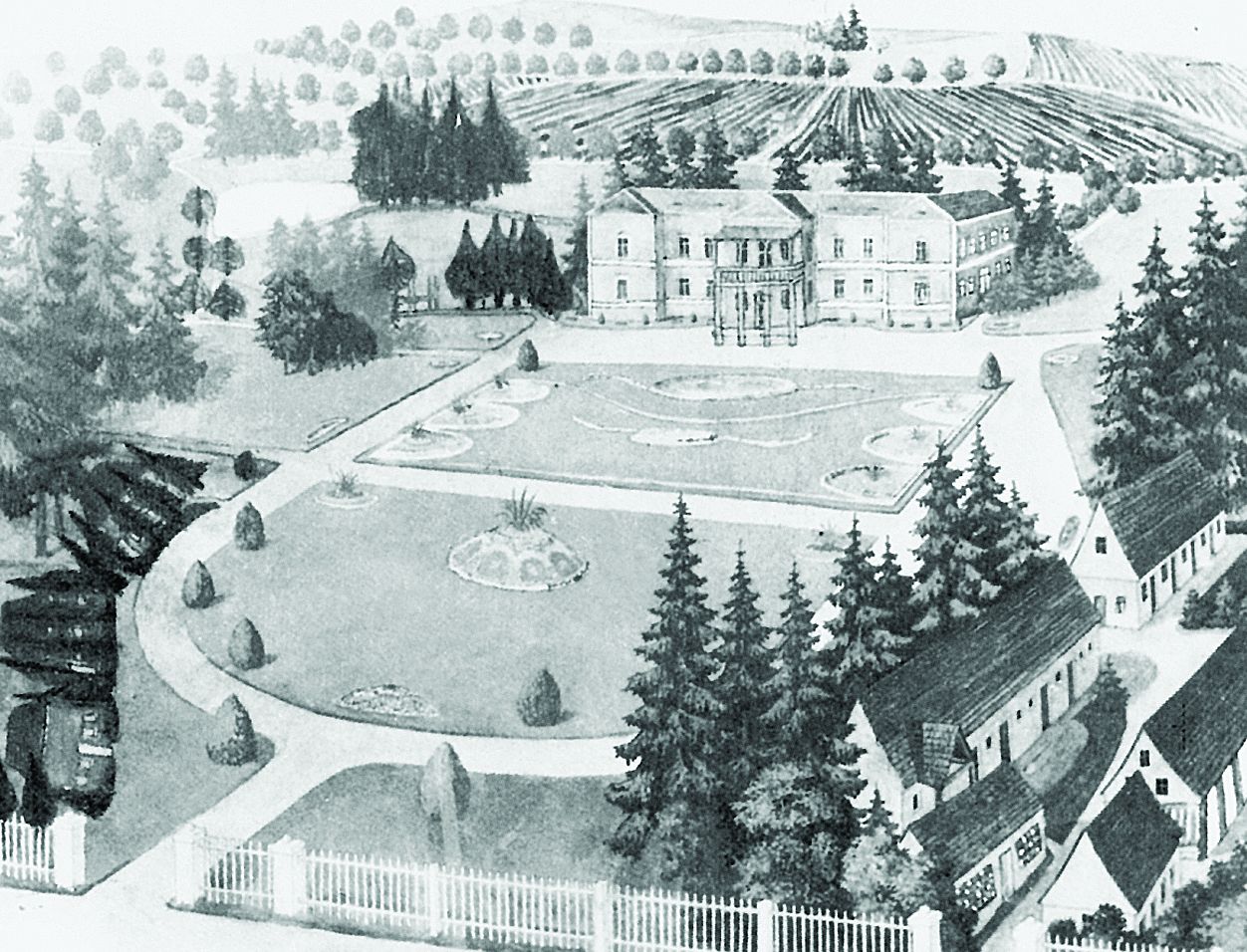 <p>grafički prikaz dvorca s perivojem, 1918.</p>