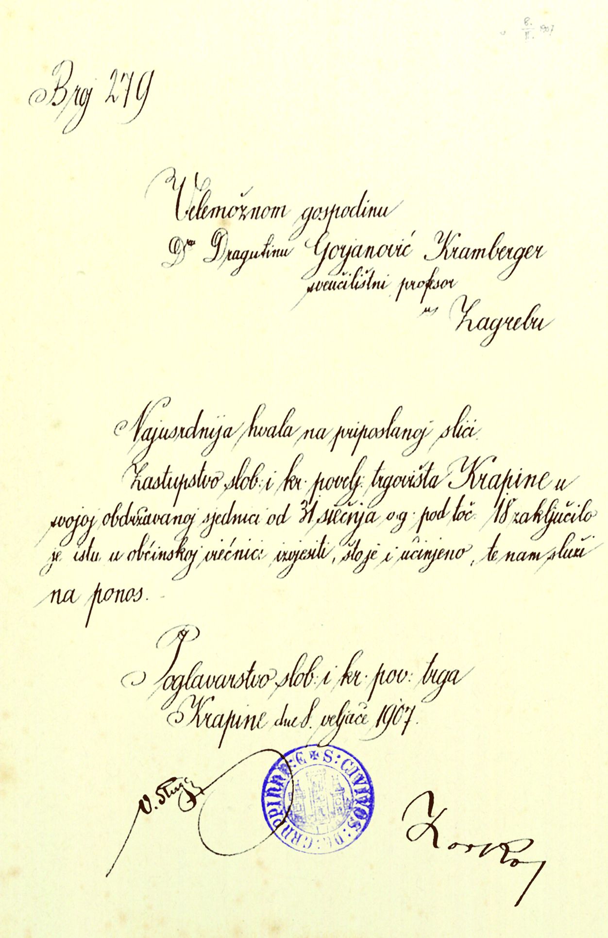 <p>zahvala Poglavarstva grada Krapine, veljača 1907.</p>